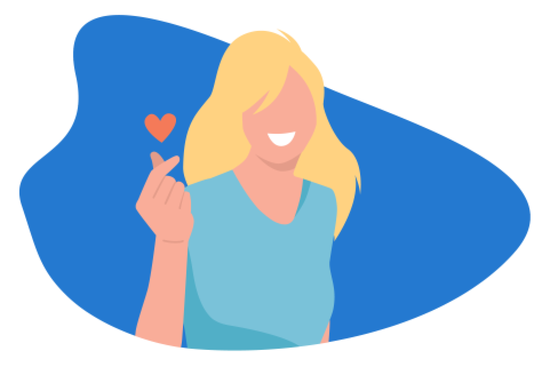 Desenho de uma mulher sorrindo, fazendo um símbolo de coração com os dedos.